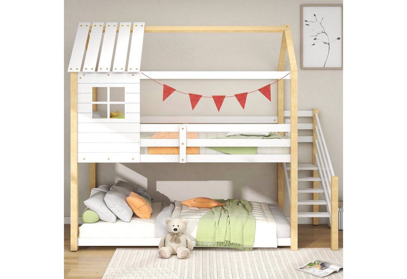 OKWISH Kinderbett Jugendbett, Hausbett, Rahmen aus Kiefer, weiß (200x90cm) von OKWISH