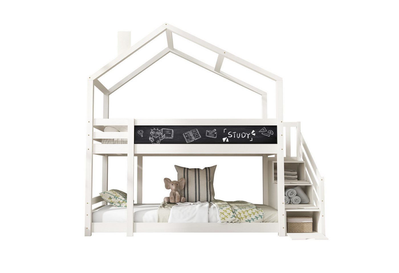 OKWISH Kinderbett Kinderbett Baumhaus (Hausbett für Mädchen und Jungen, Sicheres und durchdachtes Design Stabile Kiefernstruktur), mit Treppe & Schubladen, bodentief, massivholz, weiß von OKWISH