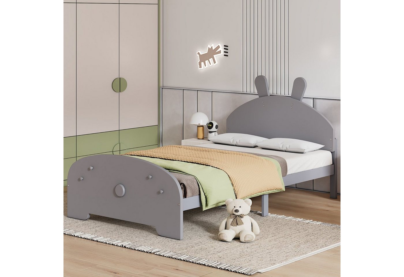 OKWISH Kinderbett Massivholzbett, Einzelbett, Flachbett, Bett in Hasenform (90*200cm), ohne Matratze von OKWISH