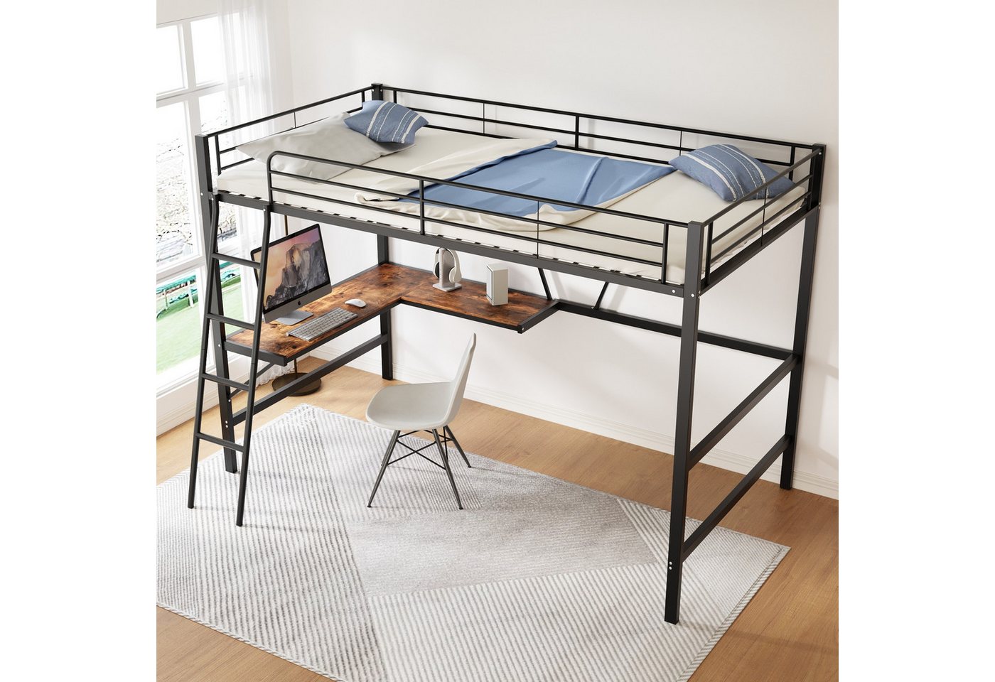 OKWISH Metallbett Kinderbett Hochbett Eisenbett (mit L-förmigem Schreibtisch und einem Regal, für Kinder, Jugendliche und Erwachsene 90x200cm), ohne Matratze von OKWISH