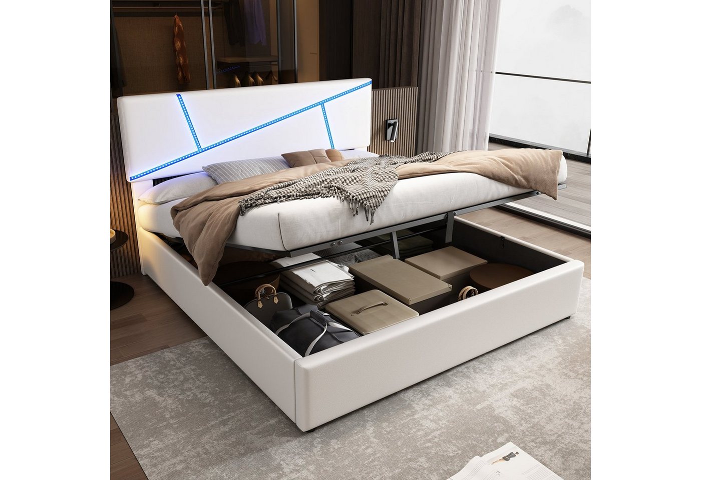 OKWISH Polsterbett Bequemes (mit LED-Lichtleisten,180*200 cm, Doppelbett mit Lattenrost, Rückenlehne, Hydraulisches Funktionsbett, Synthetisches Leder), Schwarz von OKWISH