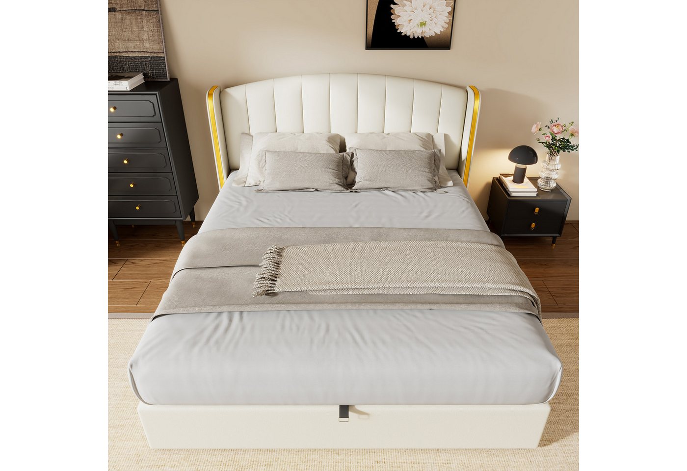 OKWISH Polsterbett Hydraulisches Bett (140*200cm), mit goldgerandetes Ohrendesign, Bettkasten, Lattenrost und Kopfteil von OKWISH