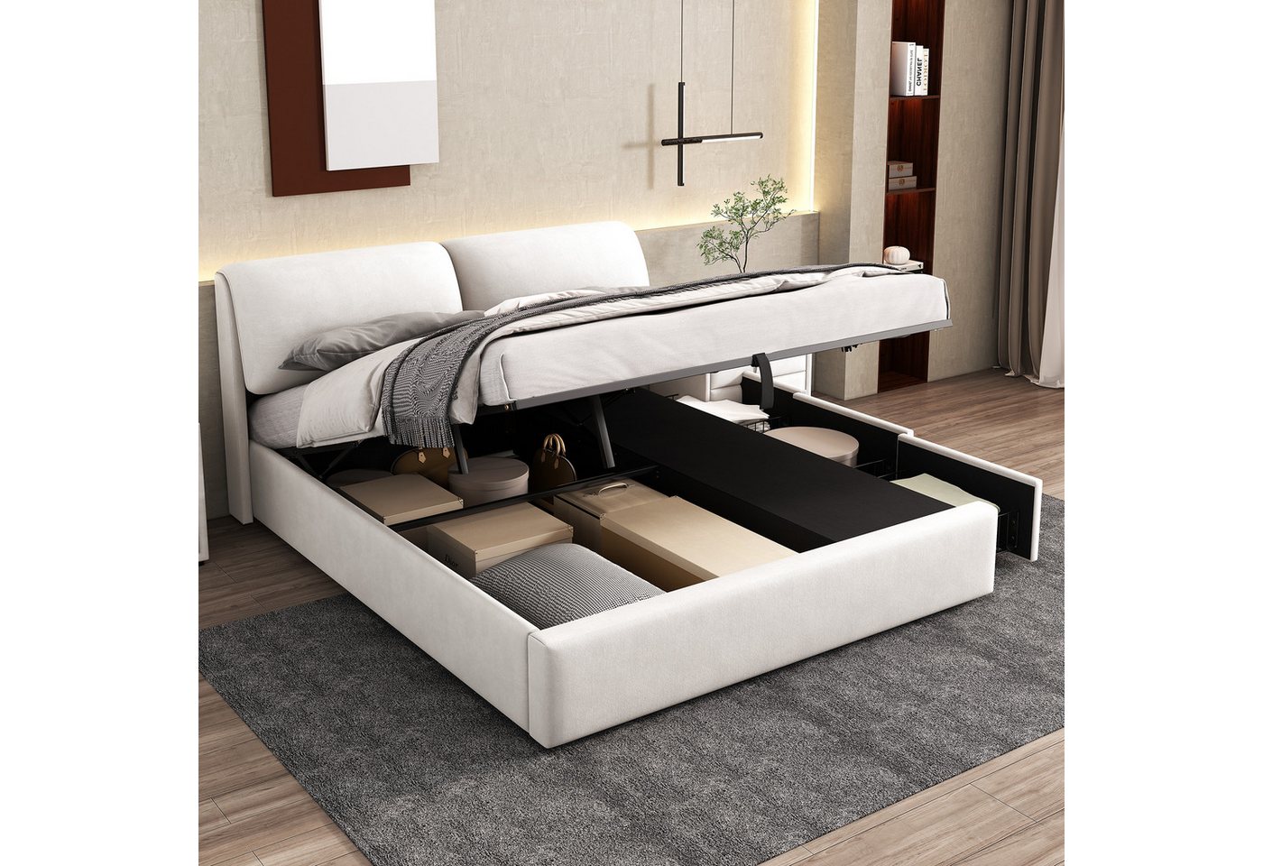 OKWISH Polsterbett Hydraulisches Bett (180*200cm), mit 3 Schubladen,Bettkasten zur Aufbewahrung, Lattenrost mit Kopfteil von OKWISH