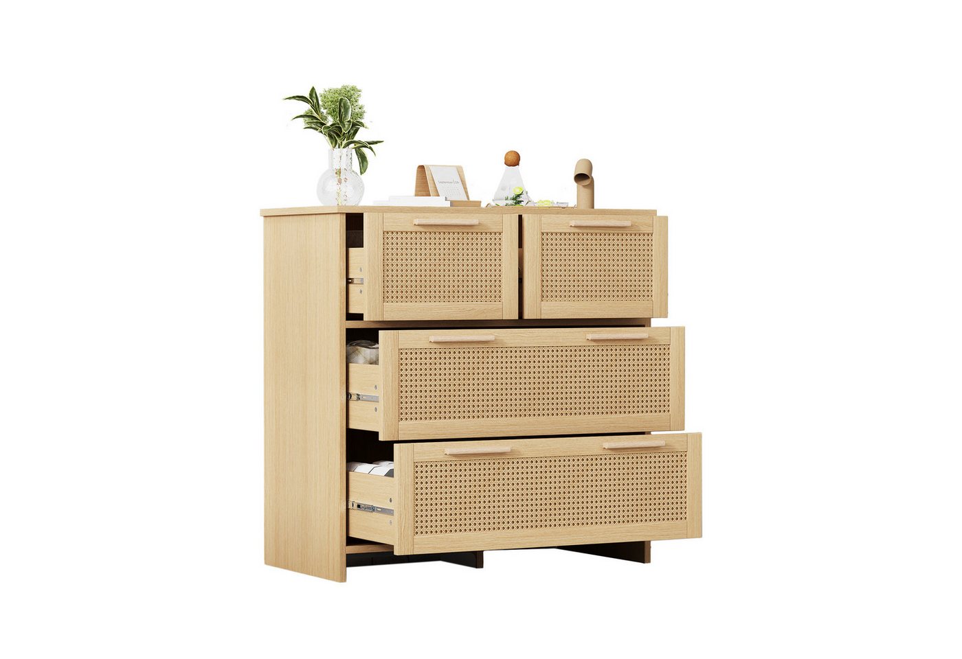 OKWISH Sideboard Rattanschrank (Sideboard mit 4-Schubladen und Massivholzgriffen), Maße: B80/H80/T38 cm von OKWISH