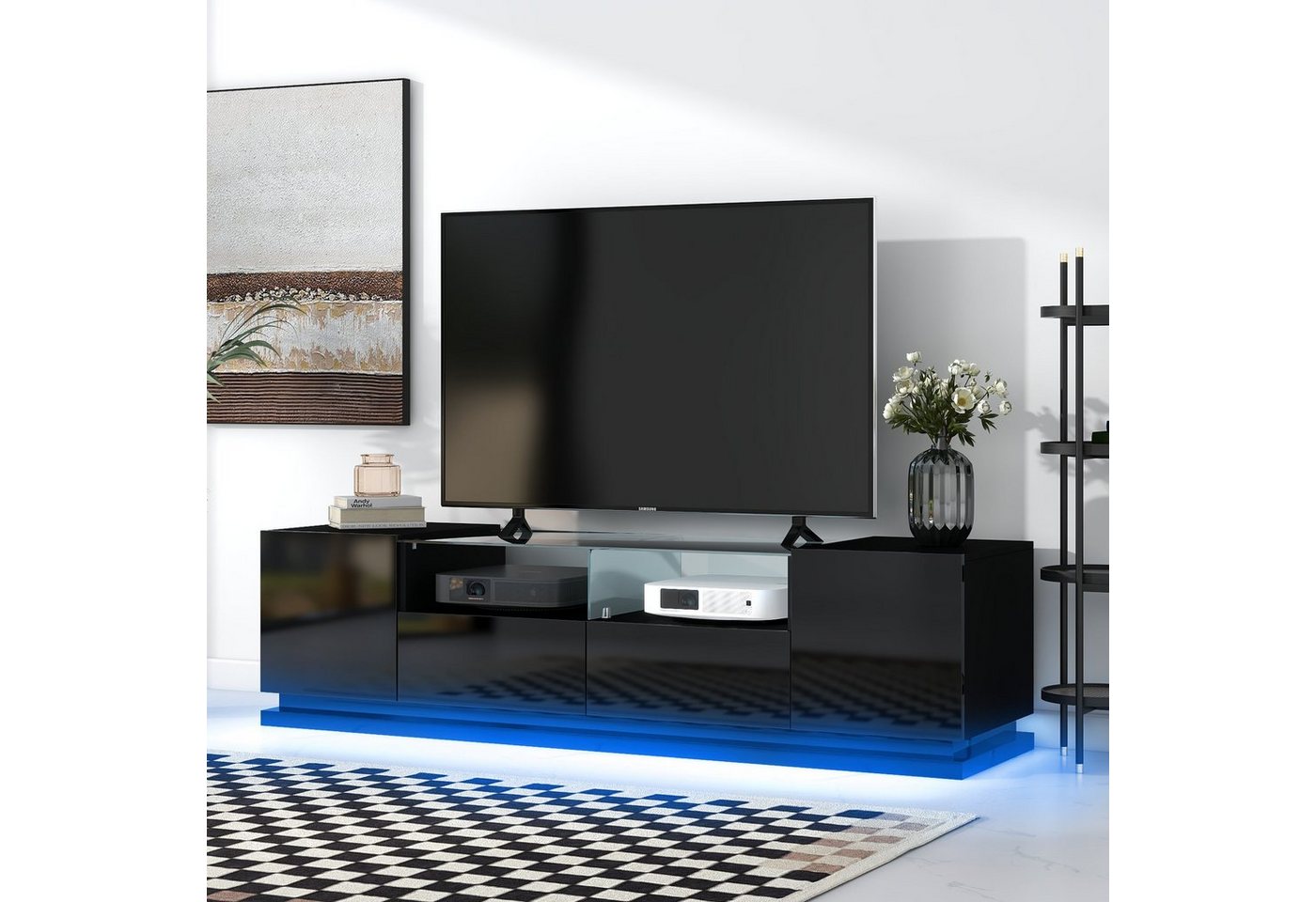OKWISH TV-Schrank hochglanz TV-Möbel mit Glastischplatte und LED, mit Türen und Schubladen von OKWISH