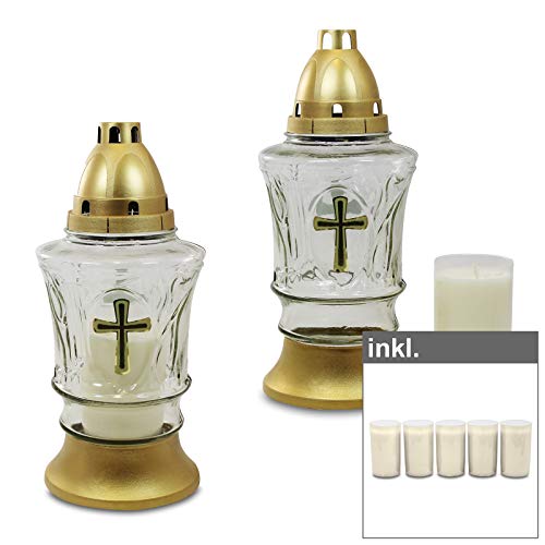 OLShop AG 2er Pack Glas Grablampen Kreuz weiß mit Ölkompolicht und Deckel inkl. 5er Pack Ersatzlichter, Grablicht, Grabkerze, Grableuchte, Grablaterne, Grabschmuck, Trauerlicht von OLShop AG