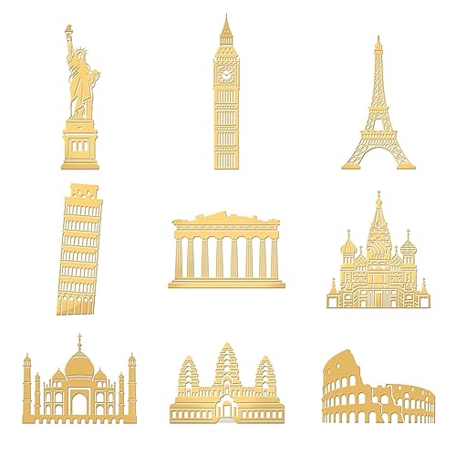 OLYCRAFT 9 Stück 4x4cm Berühmte Gebäude Aufkleber Eiffelturm Aufkleber Freiheitsstatue Selbstklebende Goldene Aufkleber Metall Gold Aufkleber Für Sammelalben Telefon Wasserflasche Dekoration von OLYCRAFT