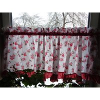 Küchenvorhang, Vintage Vorhang H20"x W76" Baumwollmischvorhang Mit Rüschen; Weiß & Altrosa Blumenmuster von OLaLaVintage