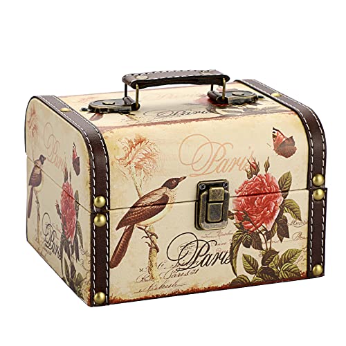 OLegei Schatzkiste Aufbewahrungsbox aus Holz + PU-Leder Schmuckbox Vintage Geschenk zur Aufbewahrung von Schmuck 18 x 14 x 12 cm (Vogelmuster) von OLegei