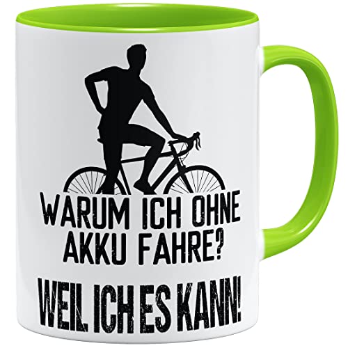 OM3® lustige Fahrrad Tasse mit Spruch - Warum ich ohne Akku fahre? - Weil ich es kann | Keramik Becher | 11oz 325ml | Beidseitig Bedruckt | Hellgrün von OM3
