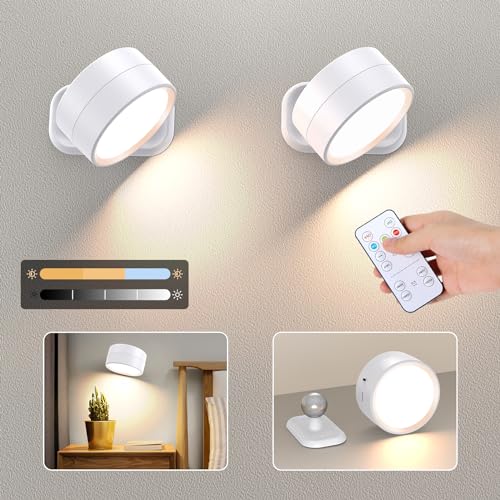 OMECO 2Pcs LED Wandleuchte Innen Akku Dimmbar mit Fernbedienung Wandlampe Ohne stromanschluss 3modi 360°Drehbare Touch Control Aufladbare Wandleuchten innen weiss rund für Schlafzimmer TreppenhausFlu von OMECO