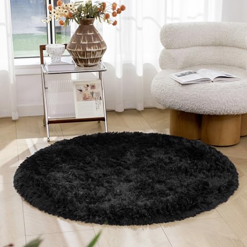 OMERAI Rund Teppich Wohnzimmer Teppich antirutsch Schwarz Schlafzimmer Teppich hochflor Shaggy Teppiche Gegend (Schwarz,120cm Rund) von OMERAI