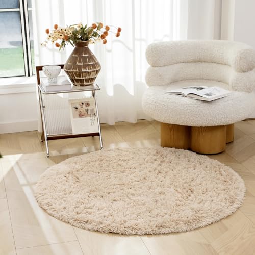 OMERAI Teppich Wohnzimmer Großer Teppich Super weicher Schlafzimmer Teppich waschbarer Teppich antirutsch Teppiche Kunstpelz Teppich Teppiche Gegend (Beige,120cm Rund) von OMERAI