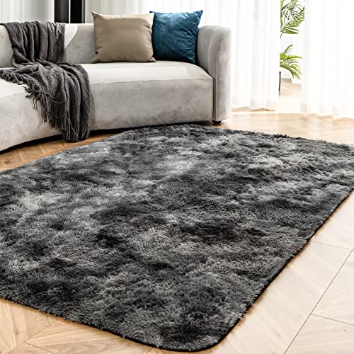 OMERAI Teppich Wohnzimmer Großer Teppich Super Weicher Schlafzimmer Teppich Grosser Teppich Antirutsch Teppiche Kunstpelz Teppich Tie-dye Carpet (Dunkelgrau,150x240cm) von OMERAI