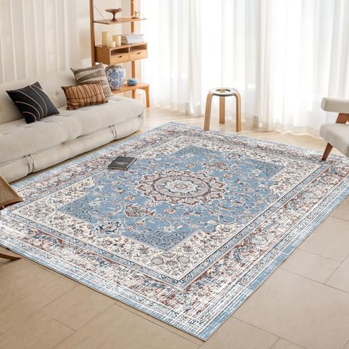 OMERAI Teppich Wohnzimmer 120x170CM Waschbarer Teppich Kurzflor Teppich Orientalisch Weiche blau Floral Blumen Waschmaschine Boho Teppich von OMERAI
