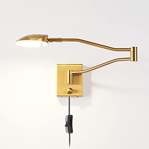 LED Wandleuchte Verstellbarer Lange Arm mit Schalter und Kabel, 9.5W Dimmbar Nachttischlampe Modern Wandlampe mit Stecker, Metall Wand Leselampe für Schlafzimmer Wohnzimmer Study, 4000K Warmweiß,Gold von OOWOKS