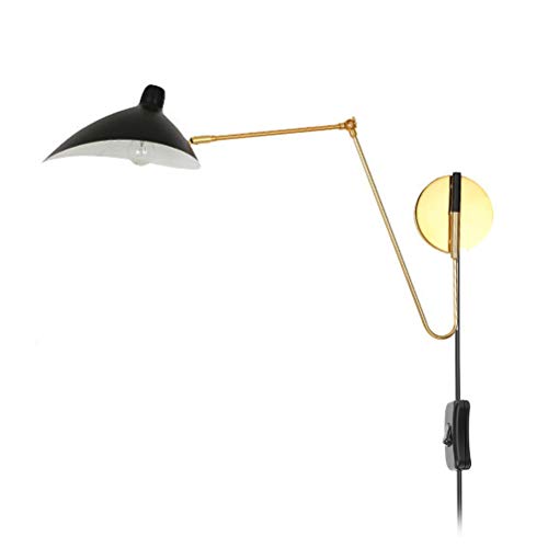 Retro Innen Wandleuchte Verstellbar Metall Langer Arm mit Schalter und Stecker, Wandlampe Wohnzimmer Wand-Leselampen Bettlampe, Drehbar Schwarz Lampenschirm, für Schlafzimmer Bettseite Büro Loft von OOWOKS