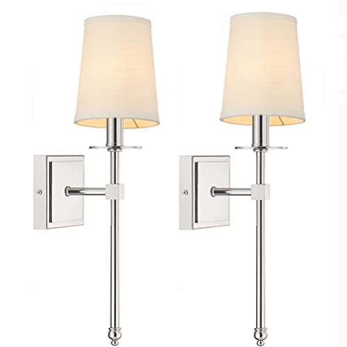 Wandleuchte Innen Chrom Wohnzimmerlampe Stoffschirm, Nachttisch Wandlampe 2er set, 1 x E27 bis max. 60W Up Down Wandbeleuchtung aus Metall und Textil Modern Lampen für Hotel Schlafzimmer Treppe Flur von OOWOKS