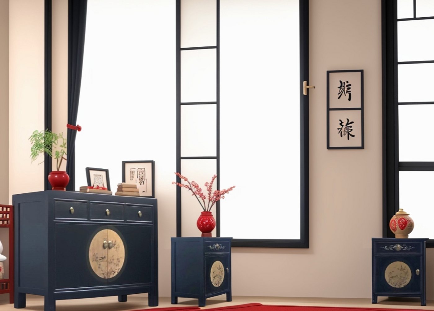 OPIUM OUTLET Schlafzimmer-Set Vintage Asia Kommode mit 2 passenden Nachtschränkchen, (Schlafzimmer-Kombination 3-teilig asiatisch orientalisch, 3-St., Nachtkommoden Nachtkonsolen Nachtkästchen), Chinesisches Sideboard Kommode von OPIUM OUTLET