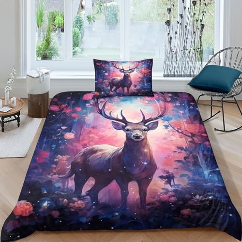 OPSREY sikadeer Bedding Set Kissenbezug Busch-Tier Bettdeckenbezug Verstecktes Scharnier Bettbezug Atmungsaktiv Duvet Cover Set Baumwolle Steppdeckenbezug Single（135x200cm） von OPSREY