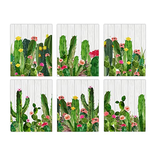 ORIGACH 6 Stück Kaktus Wandkunst, 20x25cm Boho Wanddekoration, Tropische Pflanze Wandkunst, Mexikanische Grüne Pflanze Ungerahmte Aquarell Leinwand Drucke Kunstwerk für Badezimmer Schlafzimmer von ORIGACH