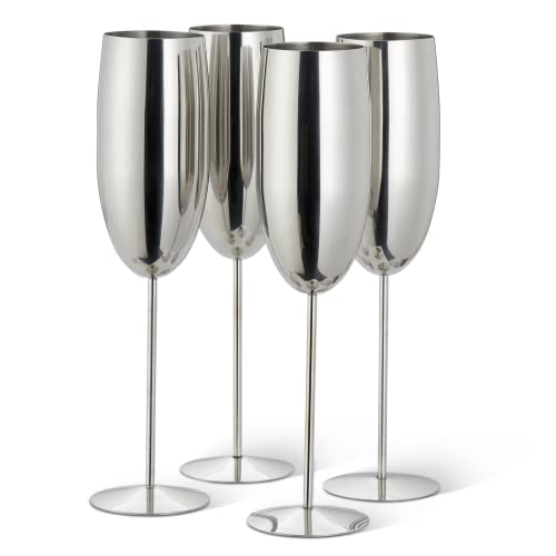 Oak & Steel - 4 Elegant Stainless Steel Silver Champagne Prosecco Flutes Glasses, 285ml - Unbreakable Glass Gift Set for Wedding, Anniversary, Birthday Party von OS Oak & Steel ENGLAND