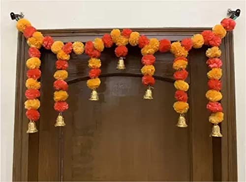 Künstliche Ringelblume Flauschige Blumengirlanden Tür Toran Set/Türbehänge zur Dekoration (ca. 100 x 41 cm) - (hellorange & rot) Toran (Design 03) von OSNICA