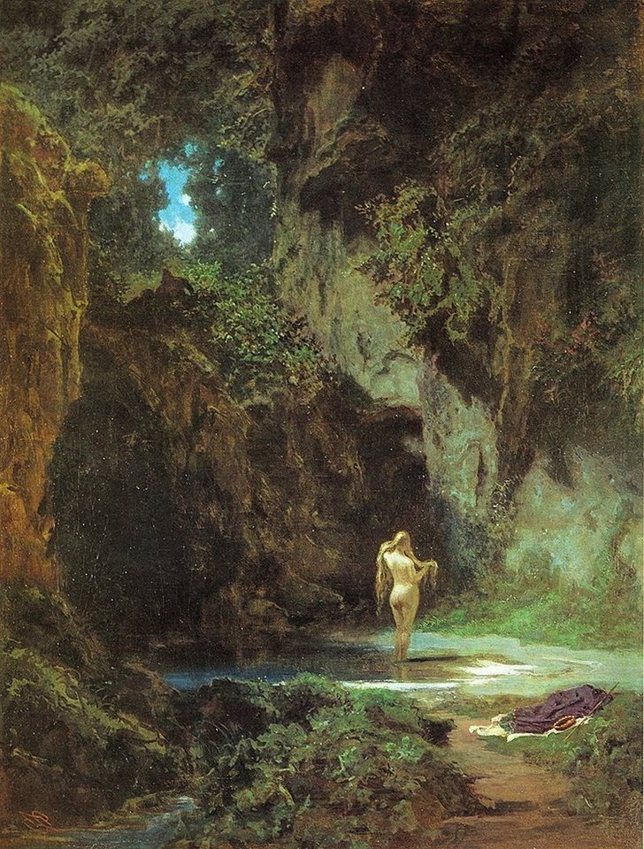 Kunstdruck Badende Nymphe Carl Spitzweg Wald Teich Lichtung Akt Rücken H A3 0526, (1 St) von OTTO