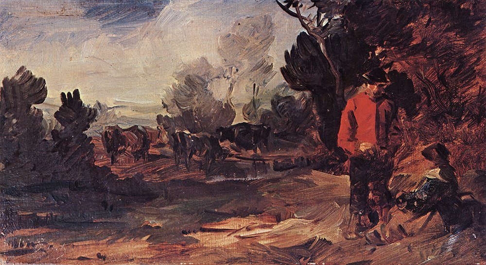 Kunstdruck Landschaft mit Bauernpaar und Kuhherde am Teich Wilhelm Busch Rast H A, (1 St) von OTTO