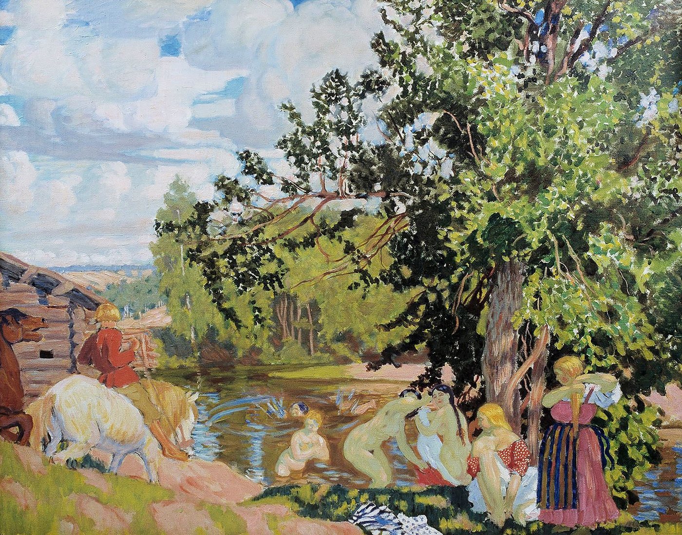 Kunstdruck The Bath Boris Michailowitsch Kustodijew Baden Teich Pferd Nackte B A3, (1 St) von OTTO