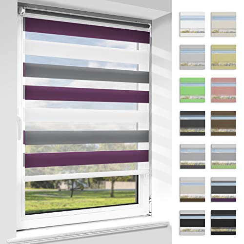 OUBO Doppelrollo Klemmfix, Rollos für Fenster ohne Bohren & mit Bohren (Weiß-anthrazit-aubergine, 45cm x 120cm), Duo Rollo Klemmrollo Fensterrollo Easyfix, lichtdurchlässig und verdunkelnd. von OUBO