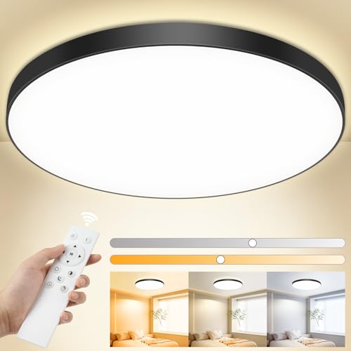 Deckenlampe LED Deckenleuchte Flach Dimmbar mit Fernbedienung, 3000K~6500K, 24W, 2000LM, IP44 Wasserfest Deckenleuchten Rund, Küchenlampe LED Lampen Decke für Schlafzimmer/Wohnzimmer/BadØ28cm-Schwarz Deckenlampe LED Deckenleuchte Flach Dimmbar mit Fernbedienung, 3000K~6500K, 24W, 2000LM, IP44 Wasserfest Deckenleuchten Rund, Küchenlampe LED Lampen Decke für Schlafzimmer/Wohnzimmer/BadØ28cm-Schwarz von OUILA