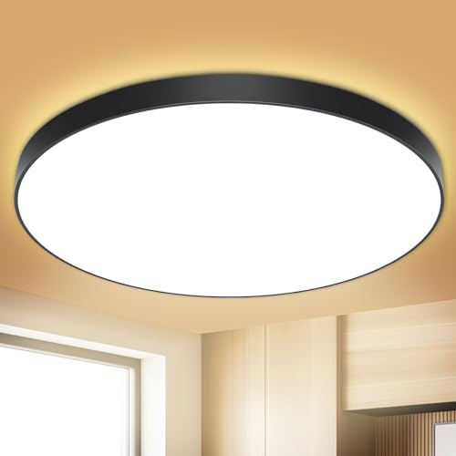 Deckenlampe LED Deckenleuchte Flach Lampe Decke Ø28cm 24W, 3000K, 2000LM, IP44 Wasserfest Rund Modern Schlicht Lampe für Badezimmer, Balkon, Schlafzimmer, Wohnzimmer, Küchenlampe, Kinderzimmer-Schwarz von OUILA