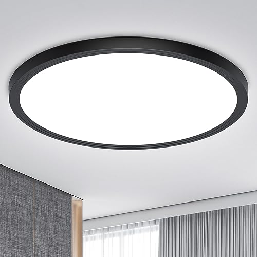 Deckenlampe LED Deckenleuchte Flach Rund - 18W 6500K 1600LM IP44 Modern, Kaltweiß Ultra Dünn Led Deckenlampe Schwarz Lampe Decke für Wohnzimmer Kinderzimmer Schlafzimmer Keller Flur Küchen Bad Ø23CM von OUILA