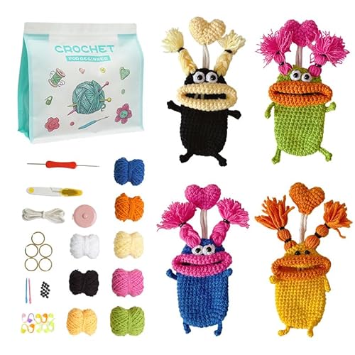 OWYELO Häkelset für Anfänger, 4-in-1 Stricken für Anfänger set Kleine Monster-Schlüsseltasche, Crochet Set mit Schritt Anleitungsvideo DIY Häkelset, Anfänger Strickset für DIY Handwerkskunst von OWYELO