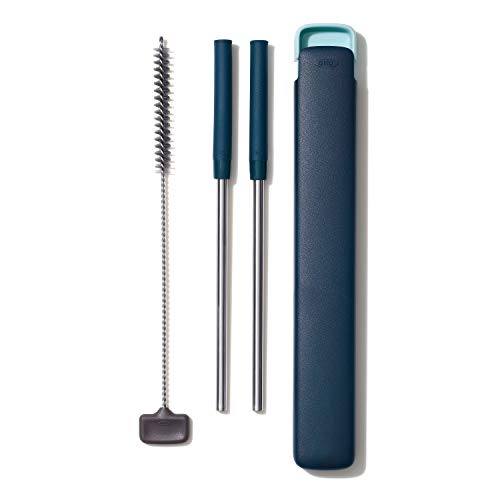 OXO 11300200 Good Grips 4-teiliges ausziehbares Strohhalm-Set Wiederverwendbare Trinkhalme, Edelstahl Silikon, blau/grün von OXO