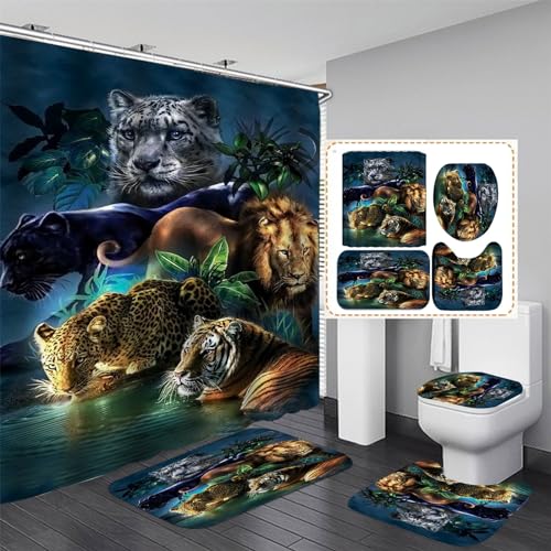 OaKita Tiger Duschvorhang,4pcs Duschvorhänge mit Tiger-Motiv Badezimmer-Sets Wasserdichter Stoff Badezimmer mit 12 Haken Teppiche Badematten WC-Teppich (A08,120 x 180 cm) von OaKita