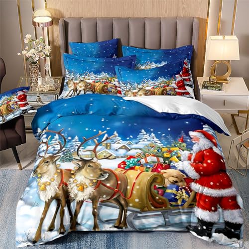 OaKita Weihnachten Bettwäsche Set Elch Schneemann Muster Rot Weihnachtsmann Bettbezug Set Weihnachts Bettbezug mit Reißverschluss und Kissenbezug 80x80cm (A01,155x220cm/80x80cm) von OaKita