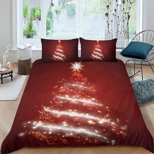 OaKita Weihnachts Bettwäsche Set Weihnachtsbaum Deko Schneeflocke Muster Bettbezug Rot Weihnachtsbaum Mikrofaser Bettbezug mit 2 Kissenbezüge 80x80 cm (A08,135x200cm/80x80cm) von OaKita