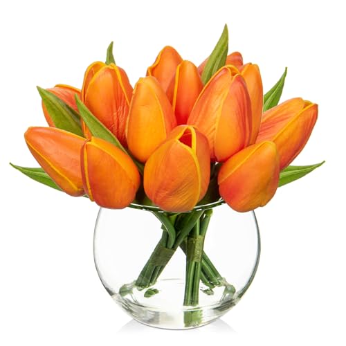 14er-Set Künstliche Tulpen mit transparenten Glass Vase, künstliche Tulpen, fühlen Sich echt an, Kunsttulpen-Blumenstrauß-Arrangement für Zuhause, Büro, Hochzeit, Esstisch, Orange von Oairse