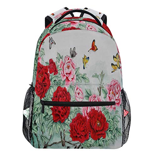 Oarencol Rucksack Pfingstrose Blumen Schmetterling Vintage rot und rosa Blüten Rucksack Büchertasche Tagesrucksack Reise Schule College Tasche für Damen Herren Mädchen Jungen von Oarencol