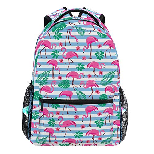 Oarencol Rucksack mit rosa Flamingos und Blumen, Palmenblau gestreift, Tropische Blätter, Büchertasche, Tagesrucksack, Reisen, Schule, College, für Damen, Herren, Mädchen und Jungen von Oarencol