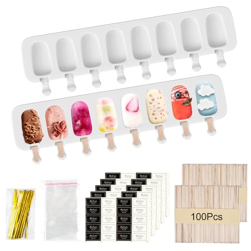 2 Silikon Eisformen, 8 Kavitäten Eis Am Stiel Formen, Magnum Cake Form Cakesicles Silikonform Ice Lolly Mould mit 100 Holzstielen 50 Selbstklebende Beutel 100 Verpackungsdraht 100 Aufkleber MERHWEG von Obcarn