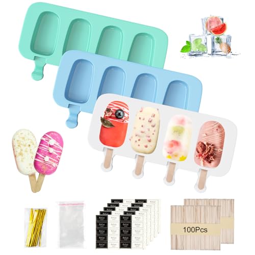 3 Groß Silikon Eisformen Eis Am Stiel, 4 Kavitäten Cakesicles Silikonform, Wiederverwendbare Magnum Cake Form mit 100 Holzstielen 50 Selbstklebende Beutel 100 Verpackungsdraht 100 Aufkleber MERHWEG von Obcarn