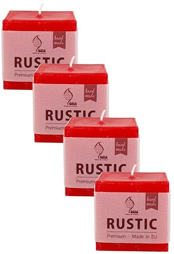 Gala Rustic Kerzen - Candle - handmade - Rot - 4 Stück - Dekorative Marken Haushalts Kerzen - kein Duft - Natürliches Pflanzenwachs von Oberle