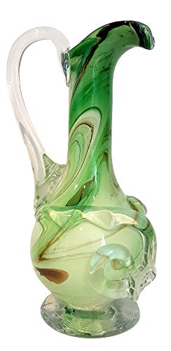 Oberstdorfer Glashütte Gruene Vase Blumenkrug mit Henkel farbige Glaskaraffe Zierkanne grün beige Weiss marmoriert dekorativer Kristallglaskrug mundgeblasen Höhe ca. 27 cm von Oberstdorfer Glashütte