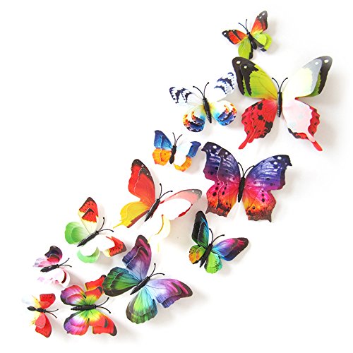 Oblique Unique 3D Schmetterlinge Doppelflügel Effekt Blumen 12er Set Dekoration Wandtattoo (Regenbogen) von Oblique Unique