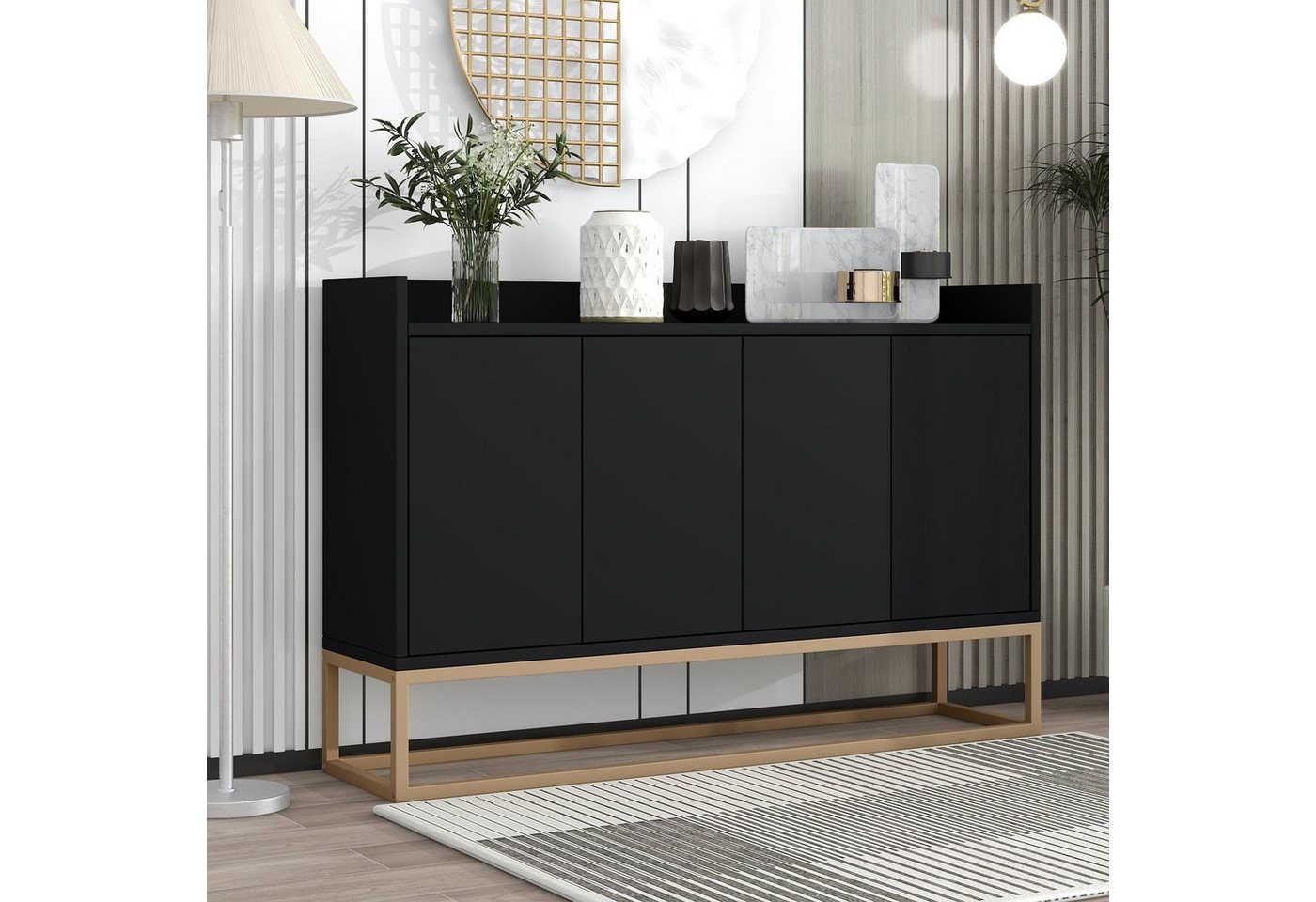 Odikalo Sideboard Anrichte Lagerschrank Schuhschrank 4 Tür griffloser weiß/schwarz/blau von Odikalo