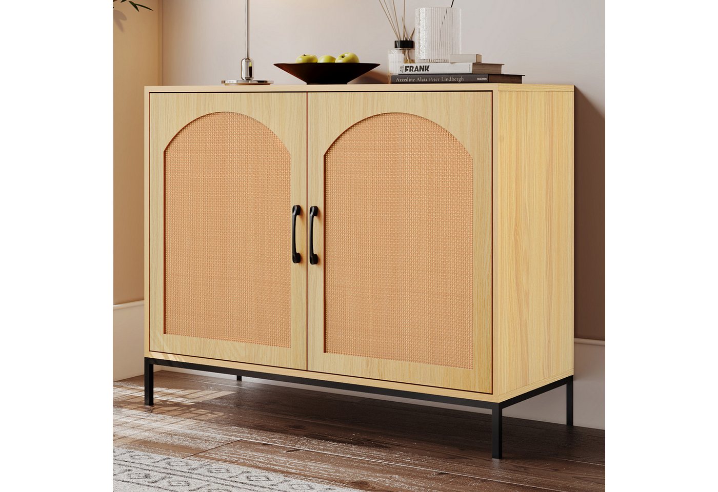 Odikalo Sideboard Stehschrank Rattan Aufbewahrung 2 Türen Metallrahmen Beinen Natur/Weiß von Odikalo