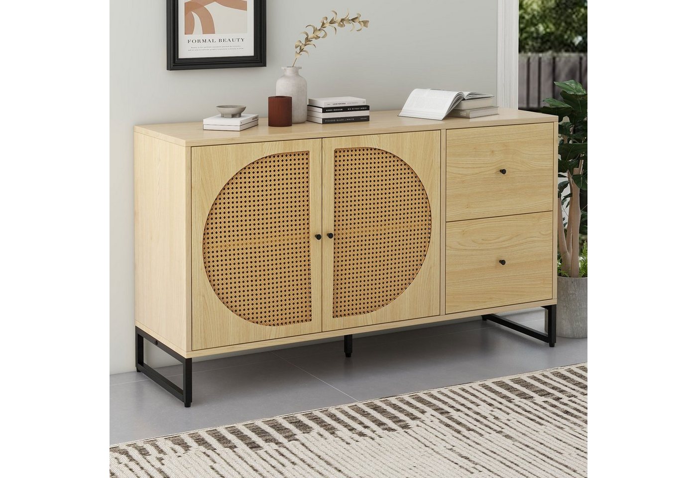 Odikalo Sideboard TV-Schrank Kommode 2 Rattan Türen 2 Schubladen Metallgriff Natur/Braun von Odikalo